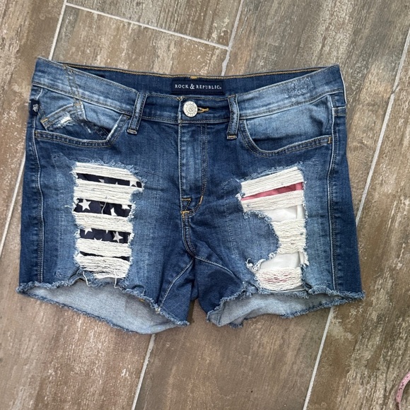 Rock & Republic Blue Denim Shorts with Star and Stripe Accents - Picture 1 of 8